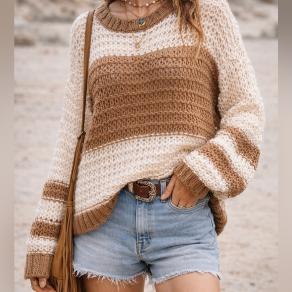 Free People Sweaters - Free People Monaco Cream & Tan Striped Open-Knit Oversized Sweater XS